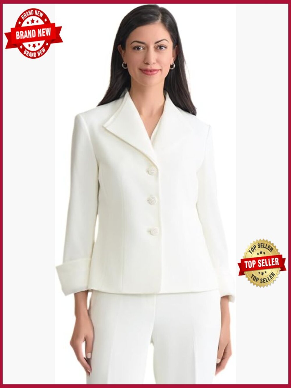 Organza Trim Three-Button Blazer, Business Casual, Long Sleeve, Notch Collar,